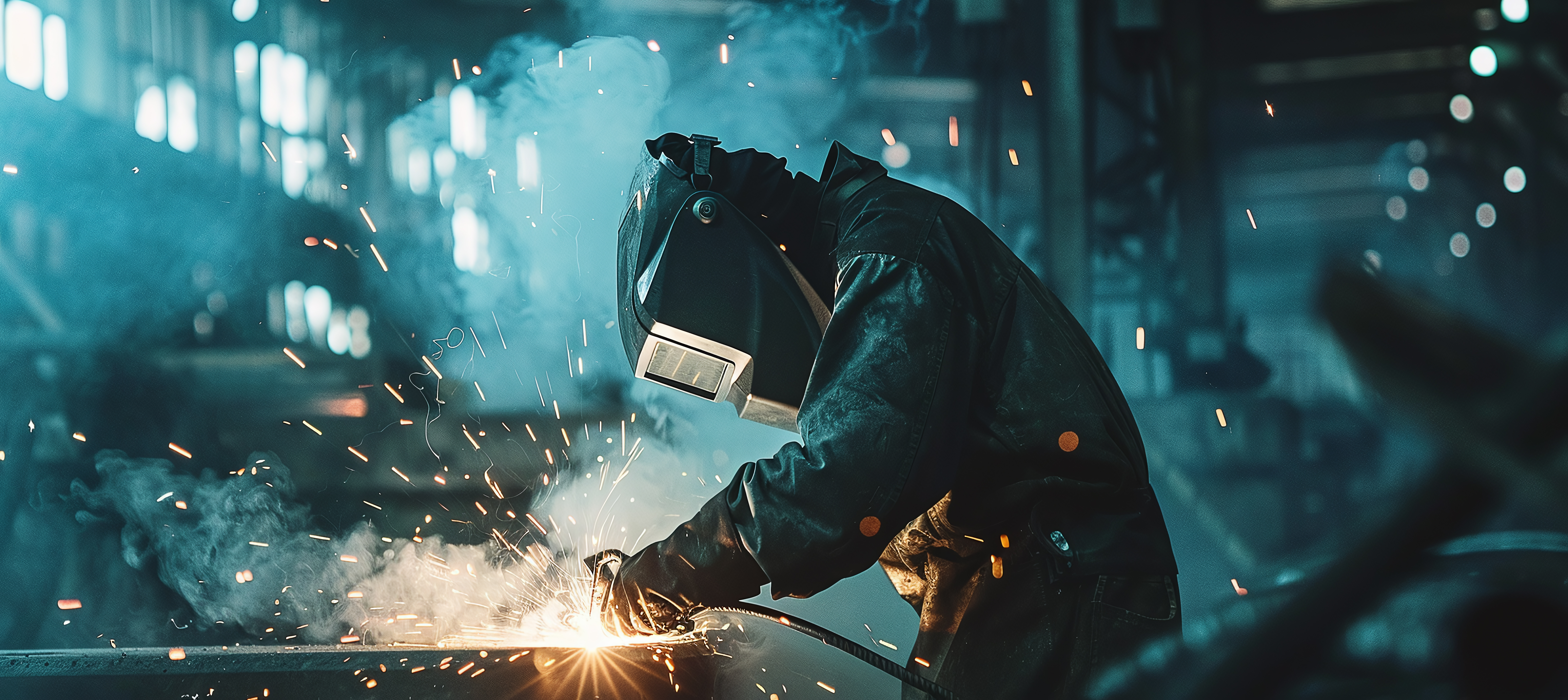 Industrial worker working with arc welding machine to weld steel in factory
