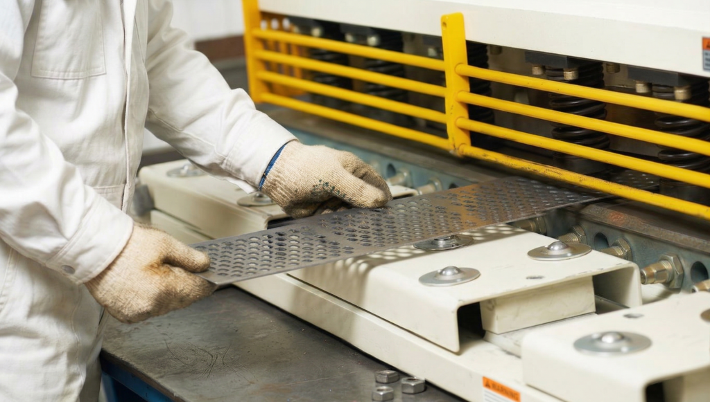 Precise metal punching part: A circular dark brown disk with radial slots and a mounting hole.